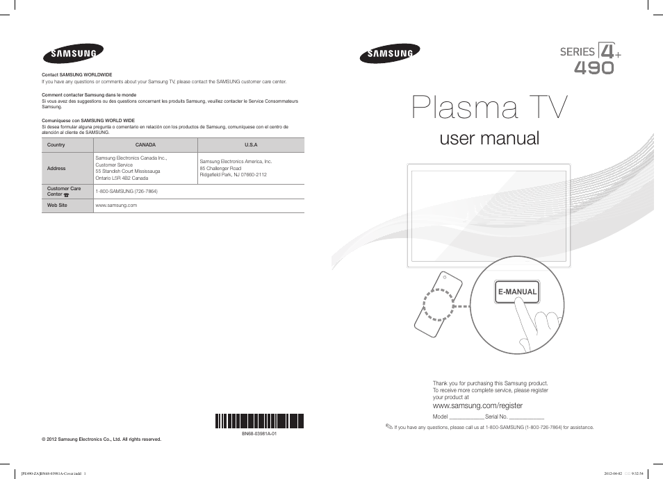 Samsung PN51E490B4FXZA User Manual | 23 pages