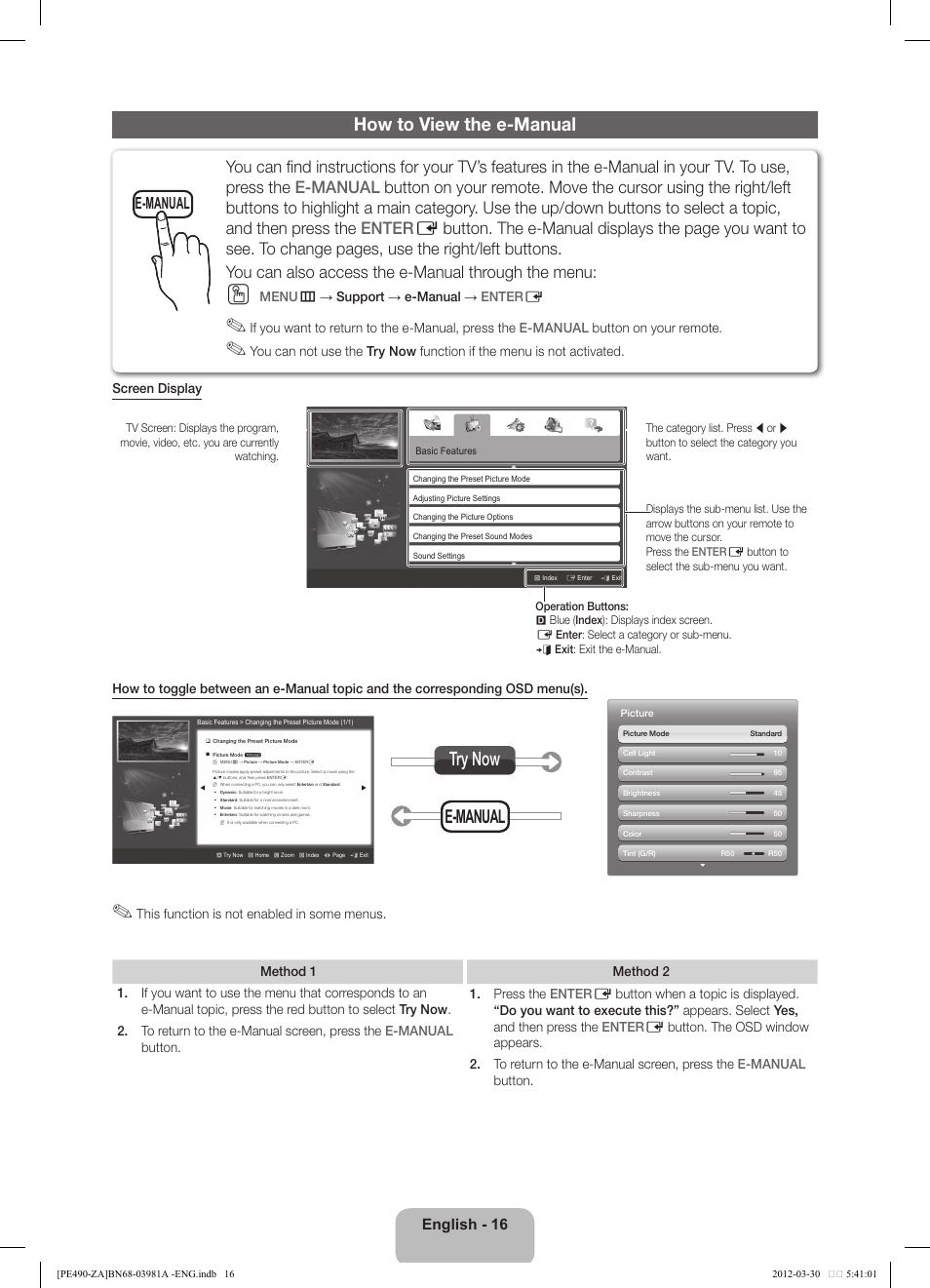 How to view the e-manual, E-manual try now, E-manual | English - 16 | Samsung PN51E490B4FXZA User Manual | Page 16 / 23