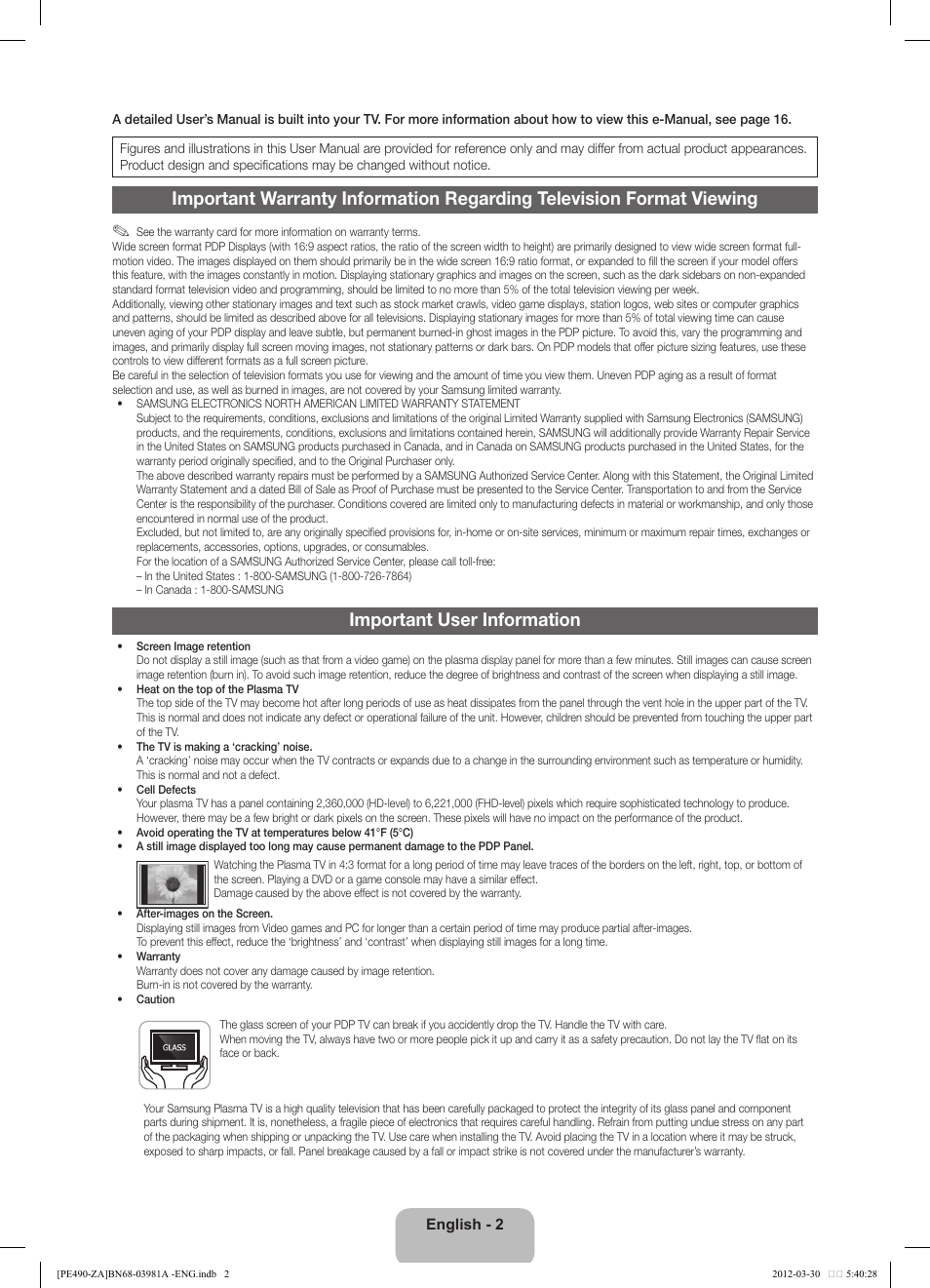 Important user information | Samsung PN51E490B4FXZA User Manual | Page 2 / 23