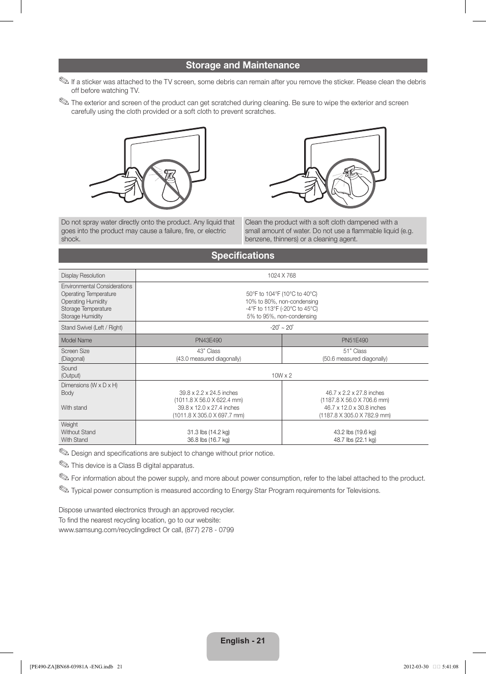 Storage and maintenance, Specifications | Samsung PN51E490B4FXZA User Manual | Page 21 / 23