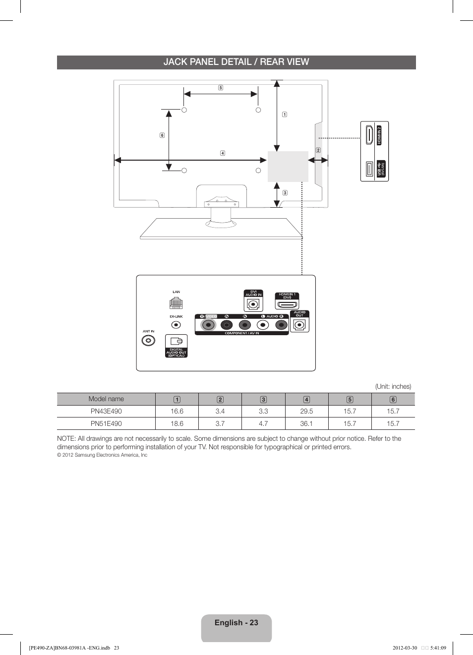 Jack panel detail / rear view | Samsung PN51E490B4FXZA User Manual | Page 23 / 23