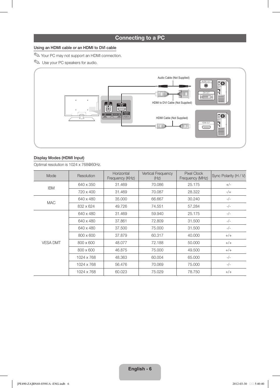 Connecting to a pc | Samsung PN51E490B4FXZA User Manual | Page 6 / 23