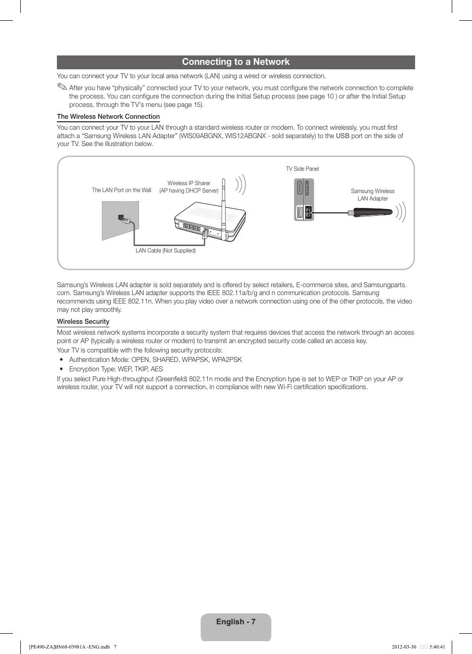 Connecting to a network | Samsung PN51E490B4FXZA User Manual | Page 7 / 23