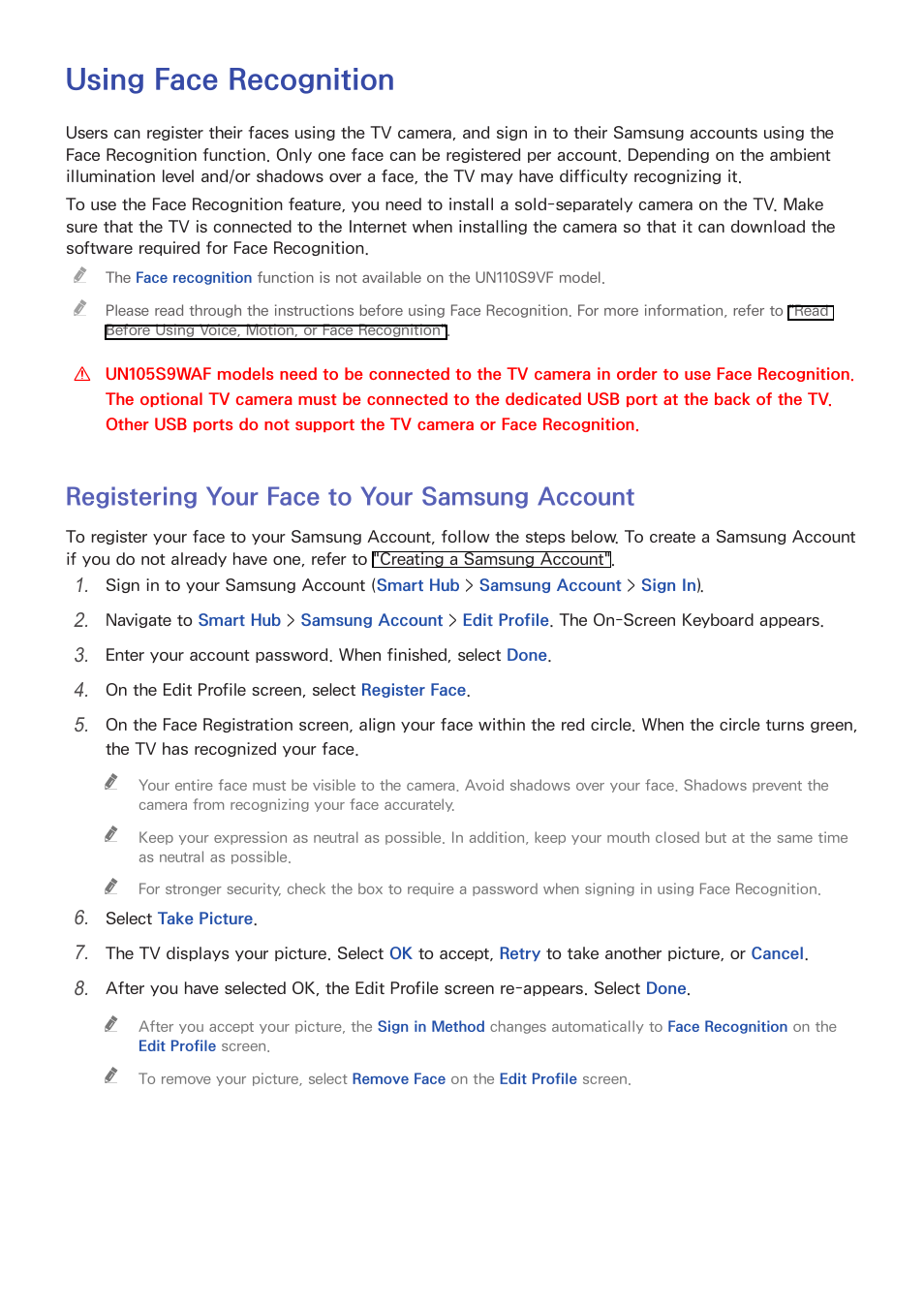 Using face recognition, 120 registering your face to your samsung account, Registering your face to your samsung account | Samsung UN78HU9000FXZA User Manual | Page 126 / 244