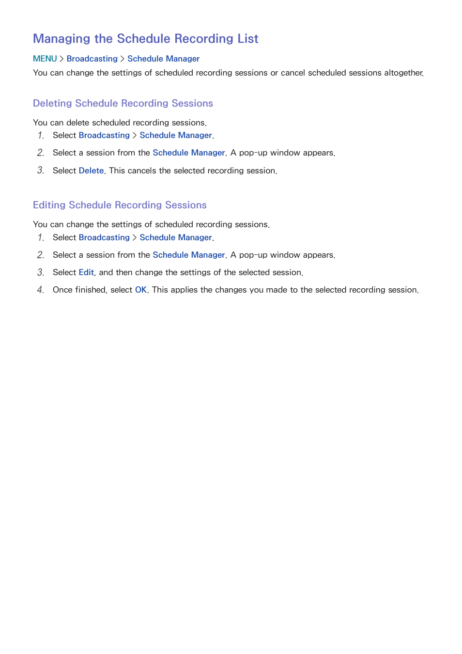 129 managing the schedule recording list, Managing the schedule recording list | Samsung UN78HU9000FXZA User Manual | Page 135 / 244