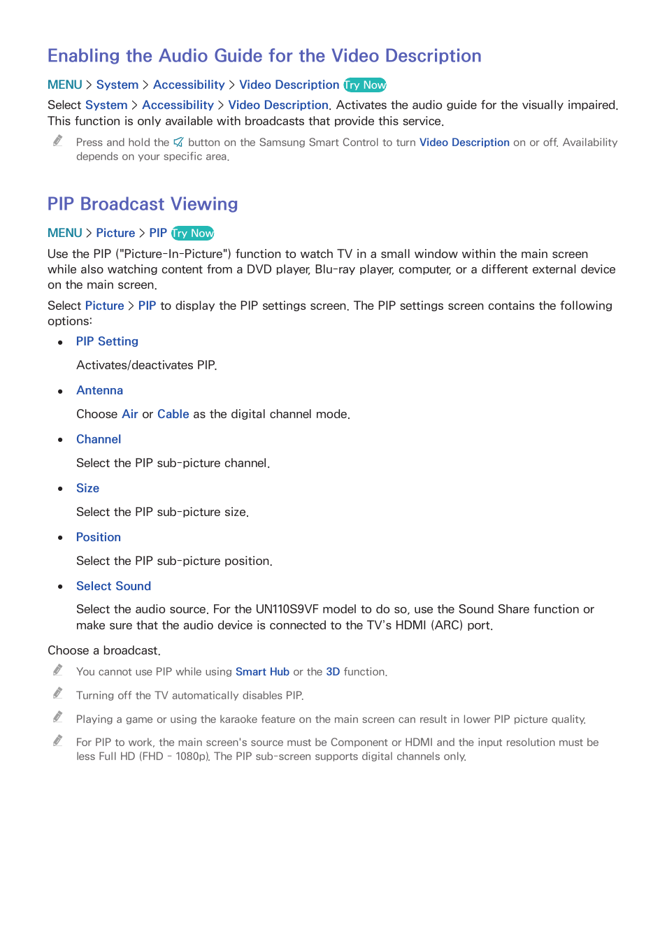 154 pip broadcast viewing, Enabling the audio guide for the video description, Pip broadcast viewing | Samsung UN78HU9000FXZA User Manual | Page 160 / 244