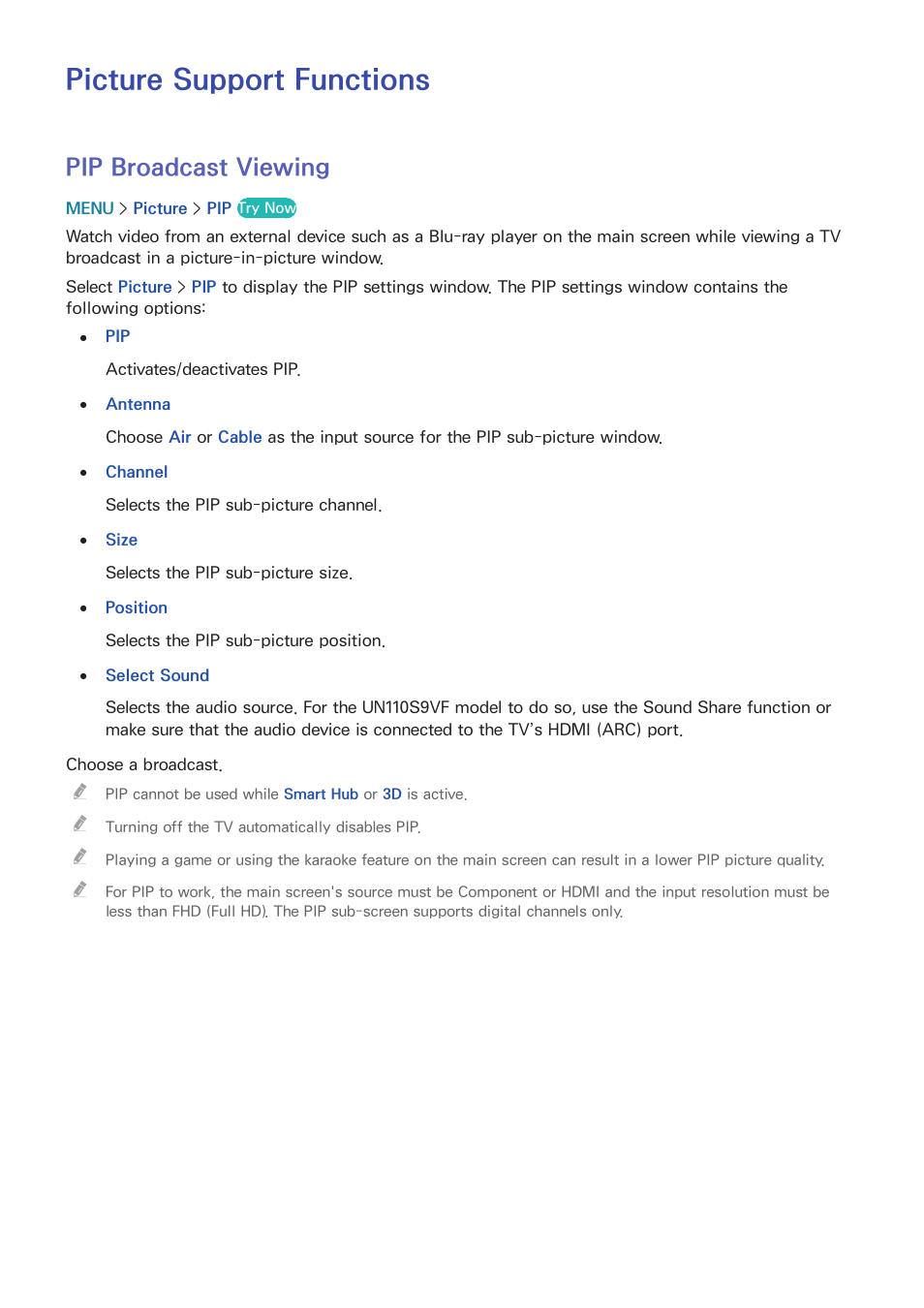 Picture support functions, 166 pip broadcast viewing, Pip broadcast viewing | Samsung UN78HU9000FXZA User Manual | Page 172 / 244