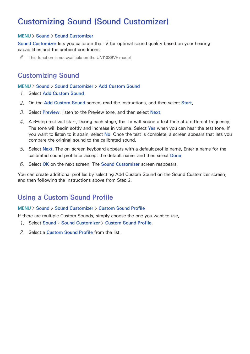 Customizing sound (sound customizer), 171 customizing sound, 171 using a custom sound profile | Customizing sound, Using a custom sound profile | Samsung UN78HU9000FXZA User Manual | Page 177 / 244