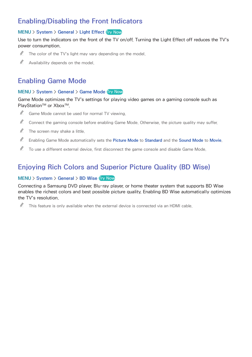 194 enabling/disabling the front indicators, 194 enabling game mode, Wise) | Enabling/disabling the front indicators, Enabling game mode | Samsung UN78HU9000FXZA User Manual | Page 200 / 244