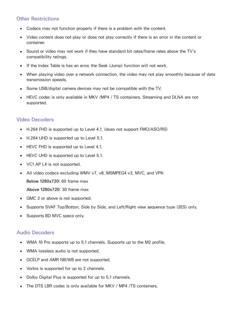 Other restrictions, Video decoders, Audio decoders | Samsung UN78HU9000FXZA User Manual | Page 235 / 244