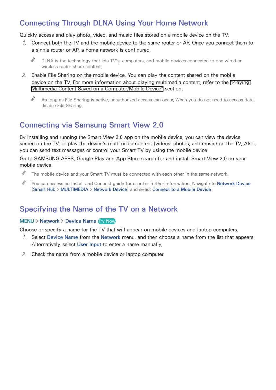 24 connecting through dlna using your home network, 24 connecting via samsung smart view 2.0, 24 specifying the name of the tv on a network | Connecting through dlna using your home network, Connecting via samsung smart view 2.0, Specifying the name of the tv on a network | Samsung UN78HU9000FXZA User Manual | Page 30 / 244