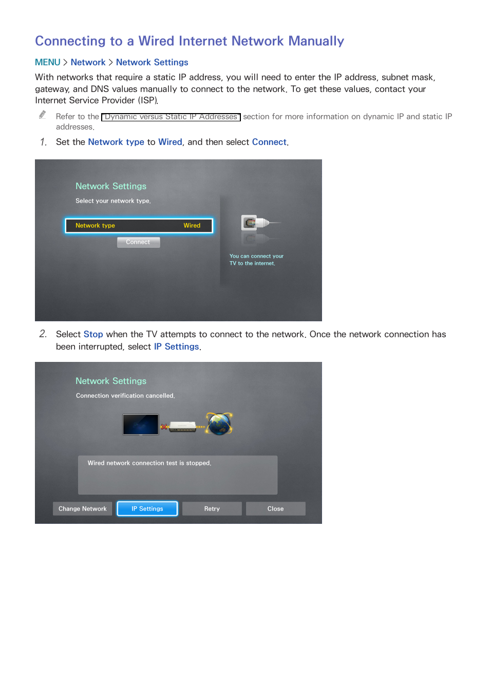 48 connecting to a wired internet network manually, Connecting to a wired internet network manually | Samsung UN78HU9000FXZA User Manual | Page 54 / 244