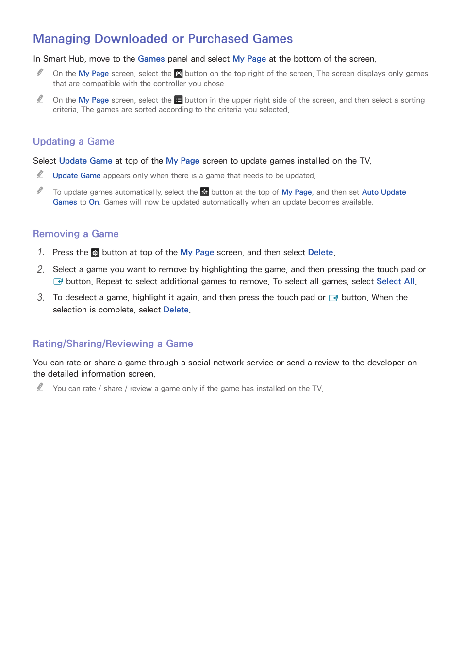 69 managing downloaded or purchased games, Managing downloaded or purchased games | Samsung UN78HU9000FXZA User Manual | Page 75 / 244