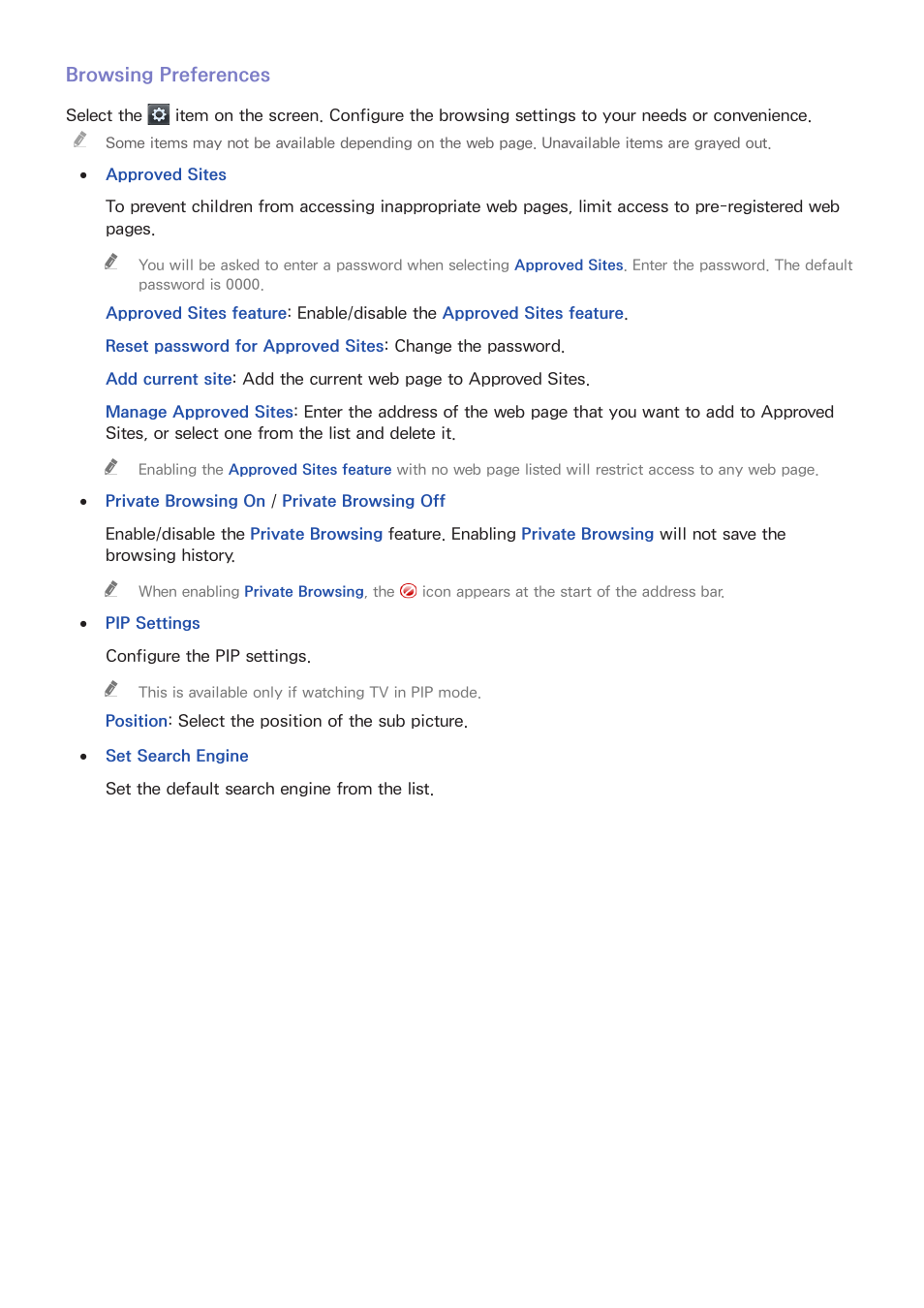 Browsing preferences | Samsung UN78HU9000FXZA User Manual | Page 84 / 244