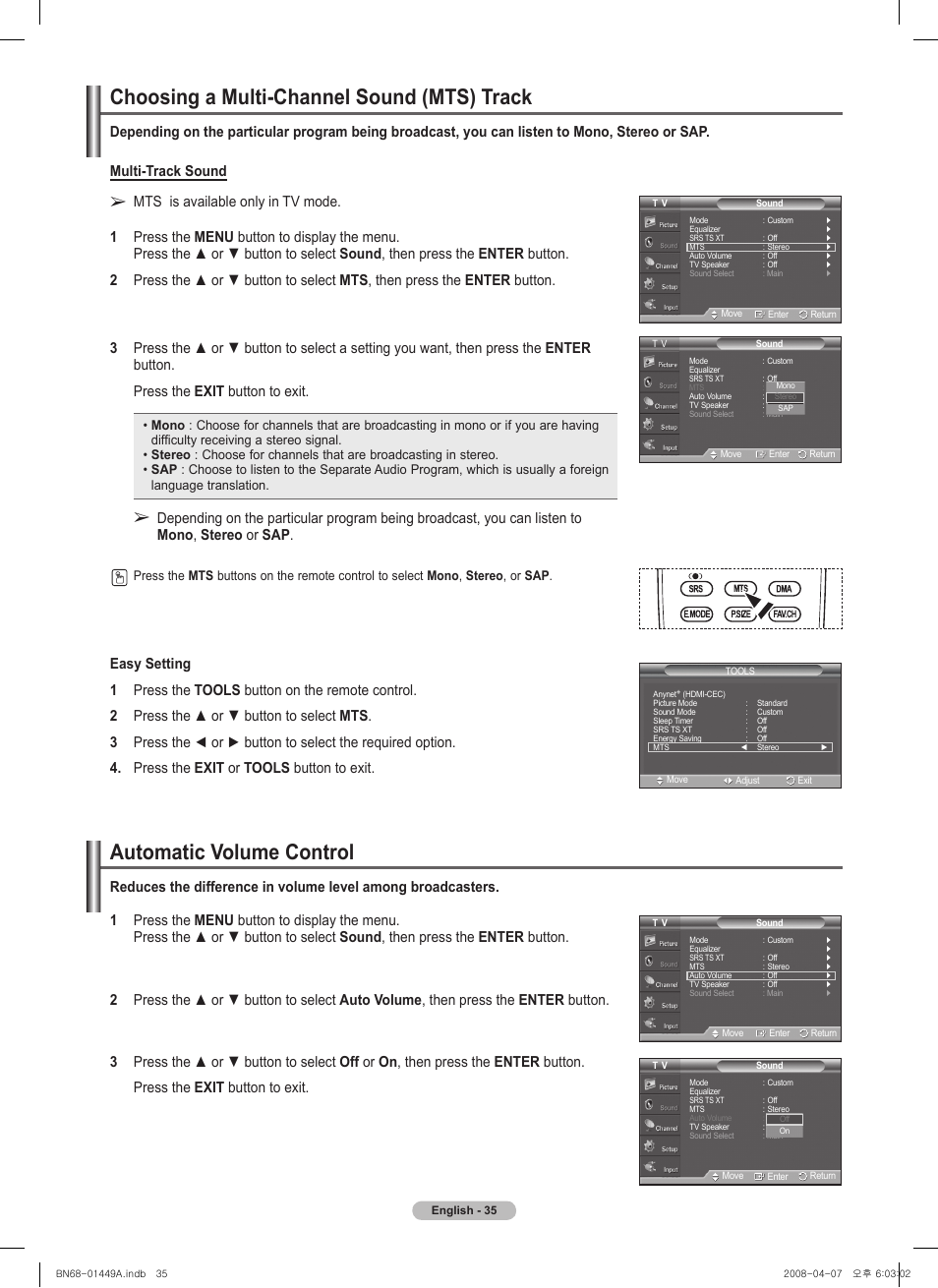 Choosing a multi-channel sound (mts) track, Automatic volume control, Multi-track sound | Samsung PL50A450P1XZP User Manual | Page 35 / 123