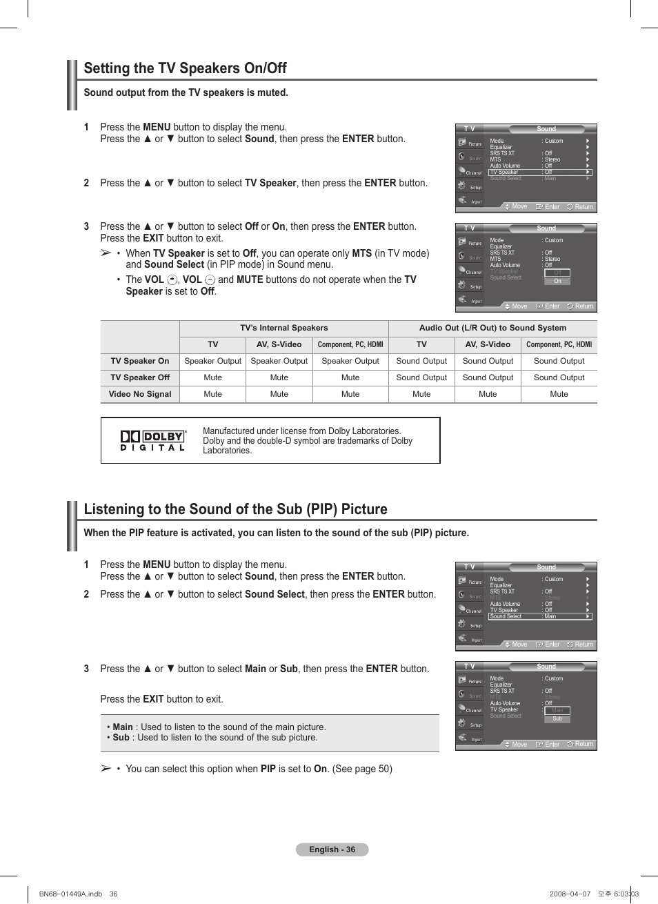 Setting the tv speakers on/off, Listening to the sound of the sub (pip) picture, Sound output from the tv speakers is muted | Samsung PL50A450P1XZP User Manual | Page 36 / 123