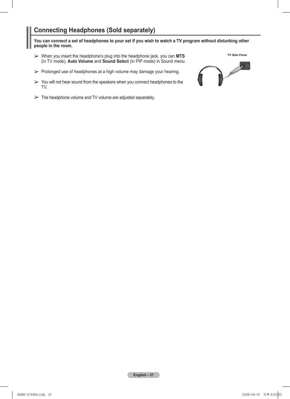 Connecting headphones (sold separately, Connecting headphones (sold separately) | Samsung PL50A450P1XZP User Manual | Page 37 / 123