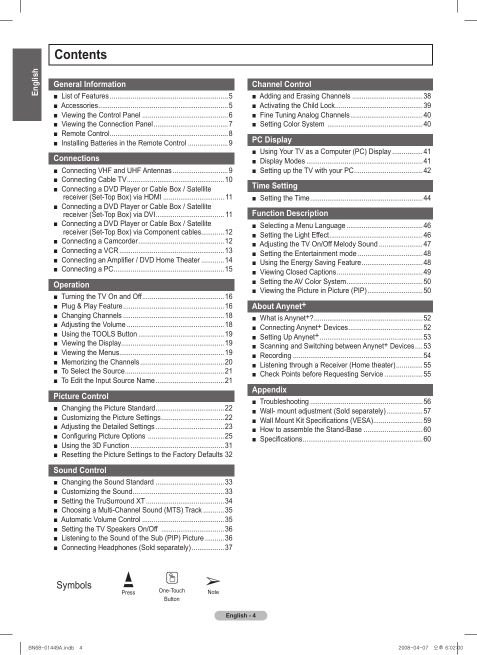 Samsung PL50A450P1XZP User Manual | Page 4 / 123