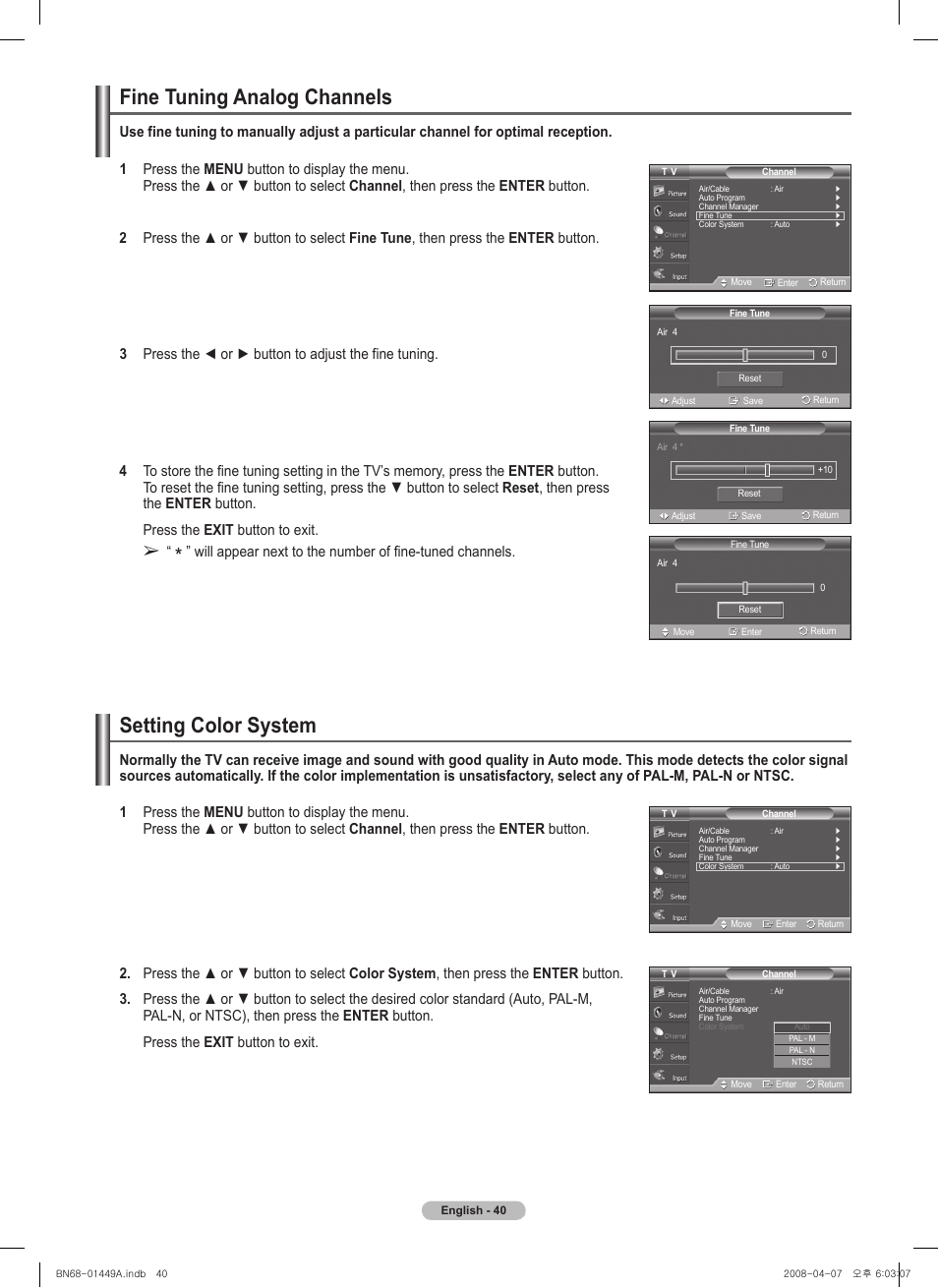 Fine tuning analog channels, Setting color system | Samsung PL50A450P1XZP User Manual | Page 40 / 123