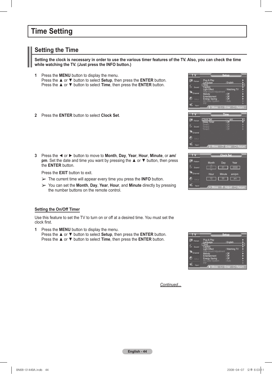 Time setting, Setting the time | Samsung PL50A450P1XZP User Manual | Page 44 / 123