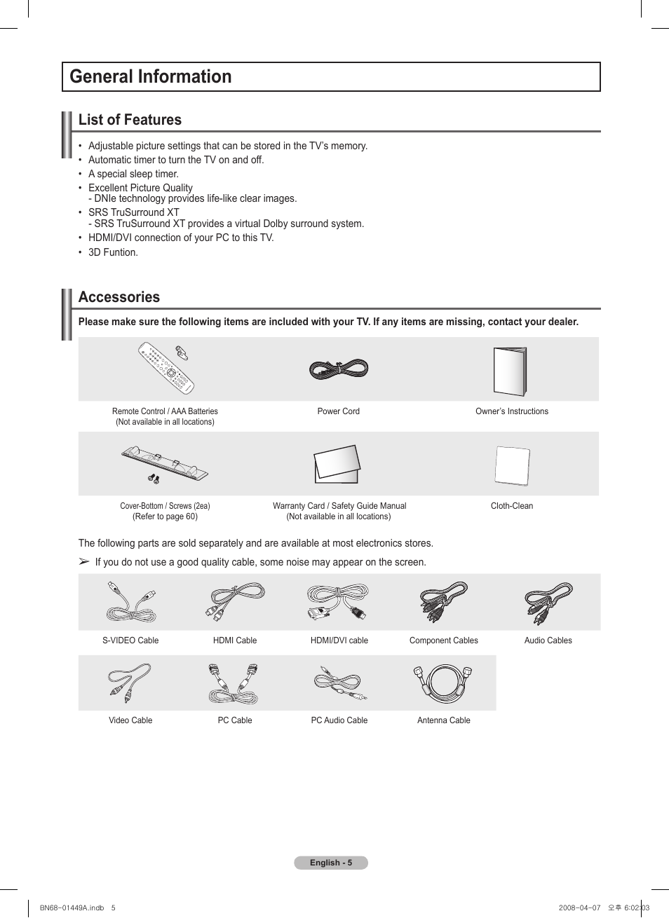 General information, List of features, Accessories | Samsung PL50A450P1XZP User Manual | Page 5 / 123