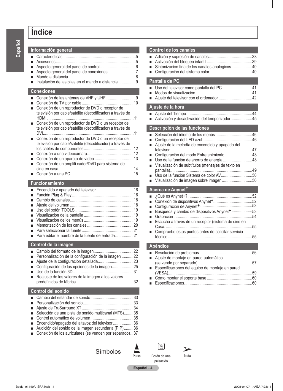 Índice, Símbolos | Samsung PL50A450P1XZP User Manual | Page 66 / 123