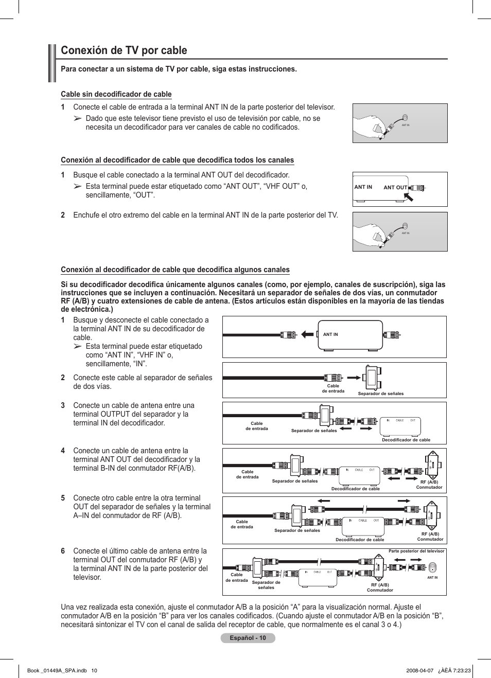 Conexión de tv por cable | Samsung PL50A450P1XZP User Manual | Page 72 / 123