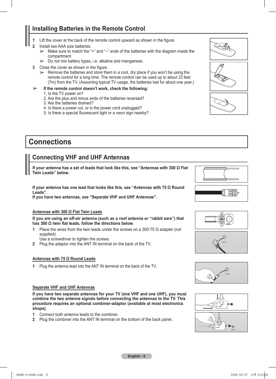 Installing batteries in the remote control, Connections, Connecting vhf and uhf antennas | Samsung PL50A450P1XZP User Manual | Page 9 / 123