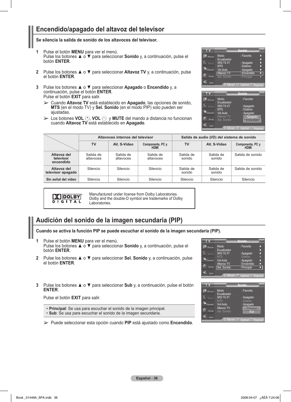 Encendido/apagado del altavoz del televisor, Audición del sonido de la imagen secundaria (pip) | Samsung PL50A450P1XZP User Manual | Page 98 / 123