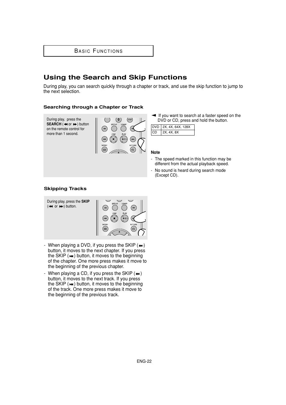 Using the search and skip functions | Samsung DVD-HD870-XAA User Manual | Page 22 / 62