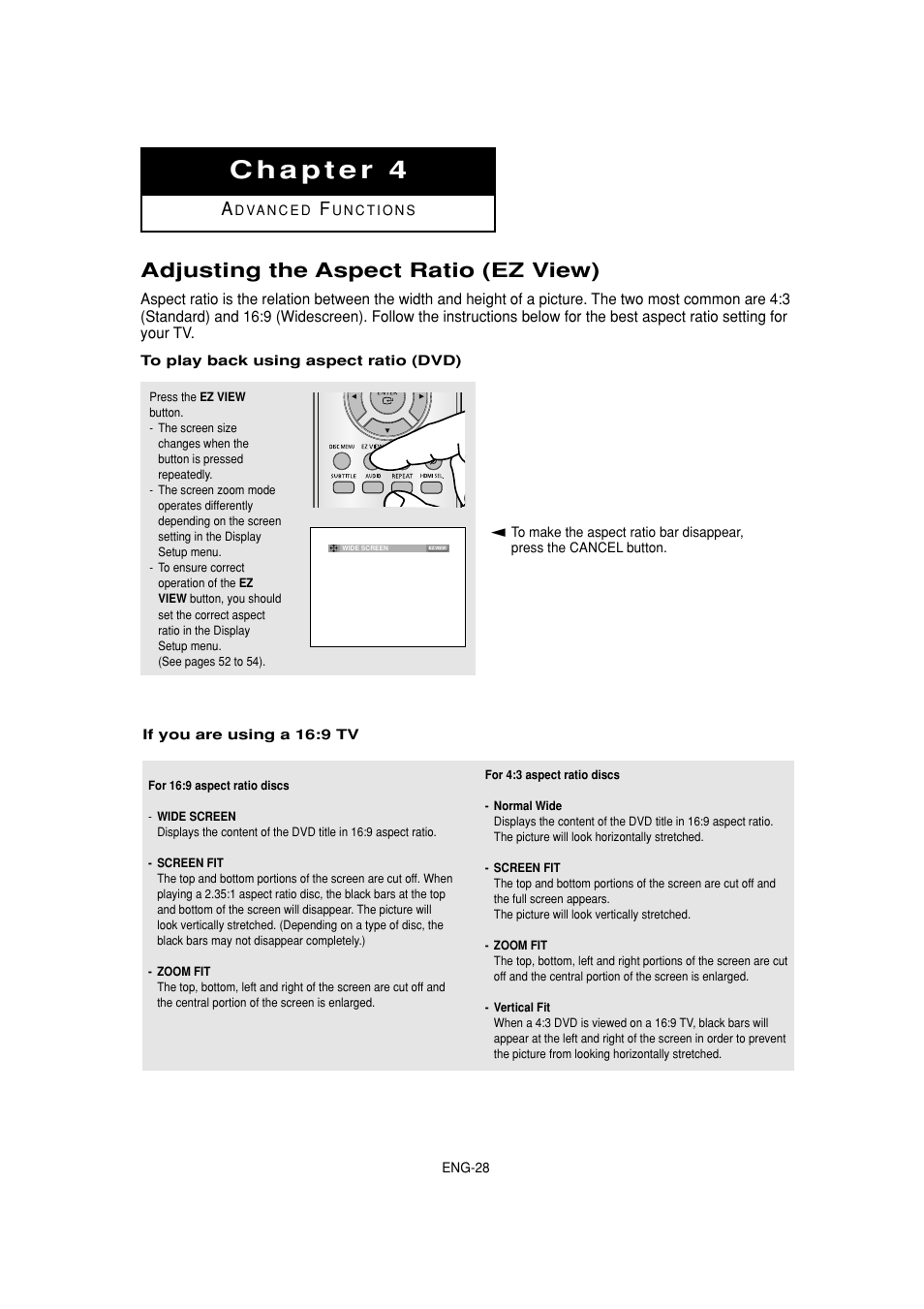 Chapter 4 (advancedfunctions), Adjusting the aspect ratio (ez view) | Samsung DVD-HD870-XAA User Manual | Page 28 / 62