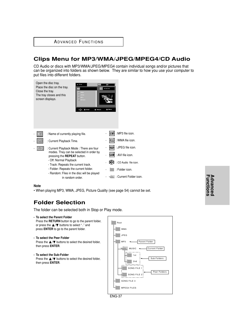 Clips menu for mp3/wma/jpeg/mpeg4/cd audio, Folder selection, Advanced functions a | Samsung DVD-HD870-XAA User Manual | Page 37 / 62