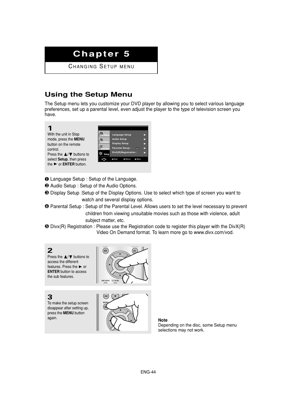 Chapter 5 (changingsetupmenu), Using the setup menu | Samsung DVD-HD870-XAA User Manual | Page 44 / 62