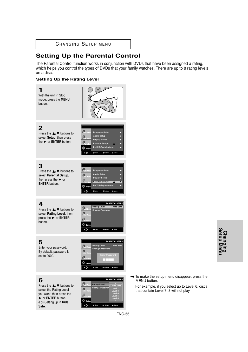 Setting up the parental control, Changing setup menu, Eng-55 | Setting up the rating level | Samsung DVD-HD870-XAA User Manual | Page 55 / 62