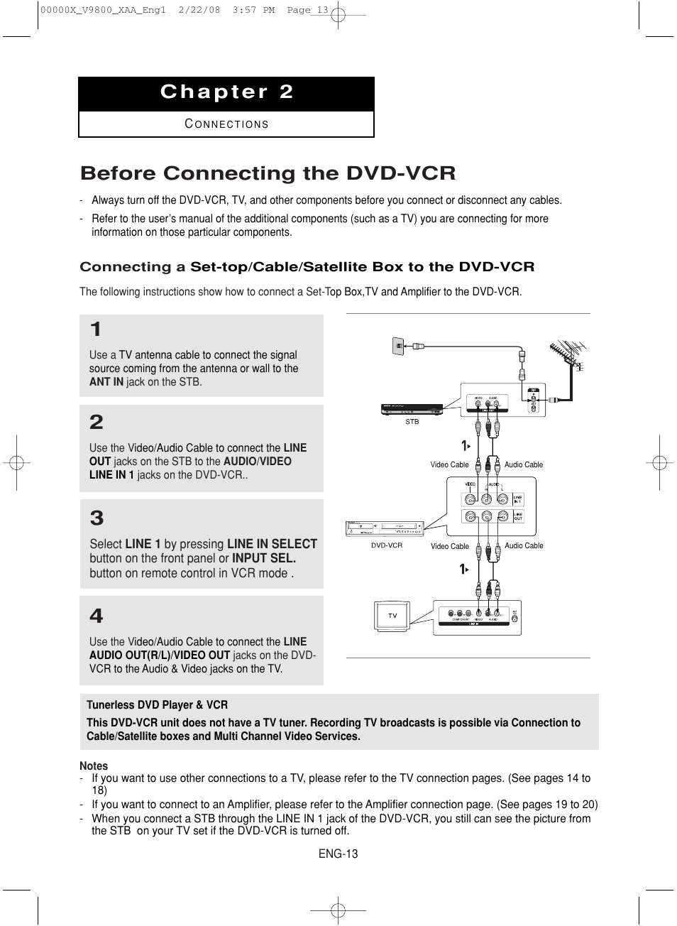 Chapter 2: connections, Before connecting the dvd-vcr | Samsung DVD-V9800-XAA User Manual | Page 13 / 88