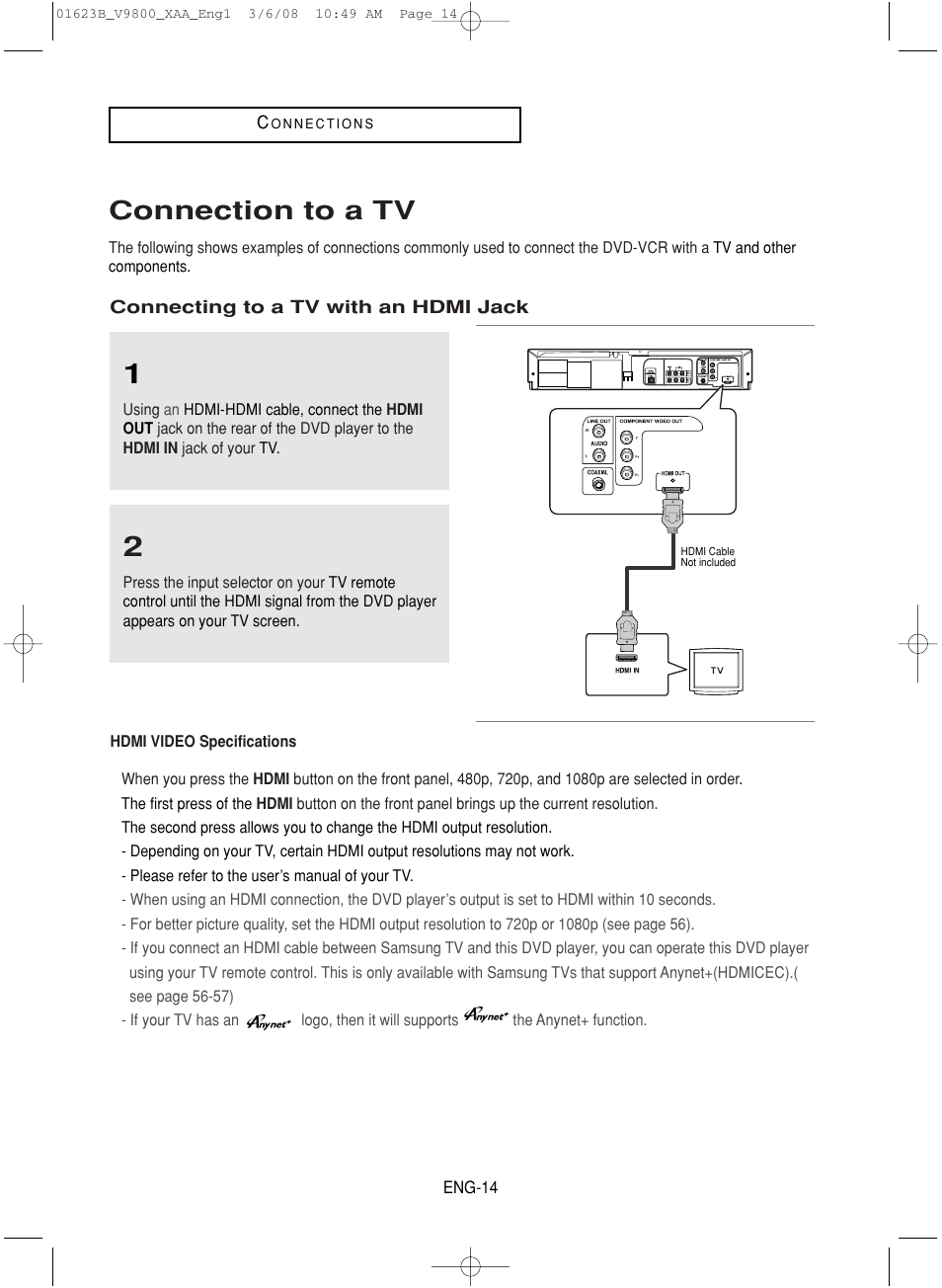 Connection to a tv, Connecting to a tv with an hdmi jack | Samsung DVD-V9800-XAA User Manual | Page 14 / 88