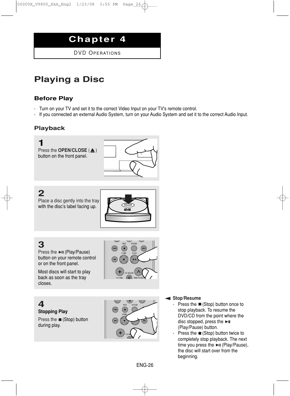 Chapter 4: dvd operations, Playing a disc | Samsung DVD-V9800-XAA User Manual | Page 26 / 88