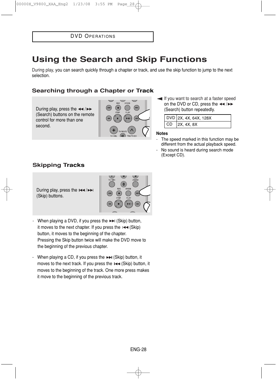 Using the search and skip functions | Samsung DVD-V9800-XAA User Manual | Page 28 / 88