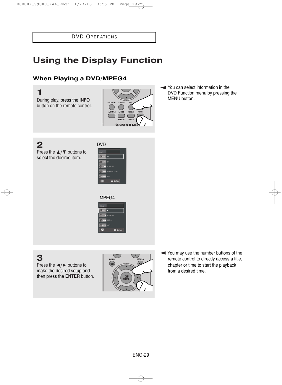 Using the display function | Samsung DVD-V9800-XAA User Manual | Page 29 / 88
