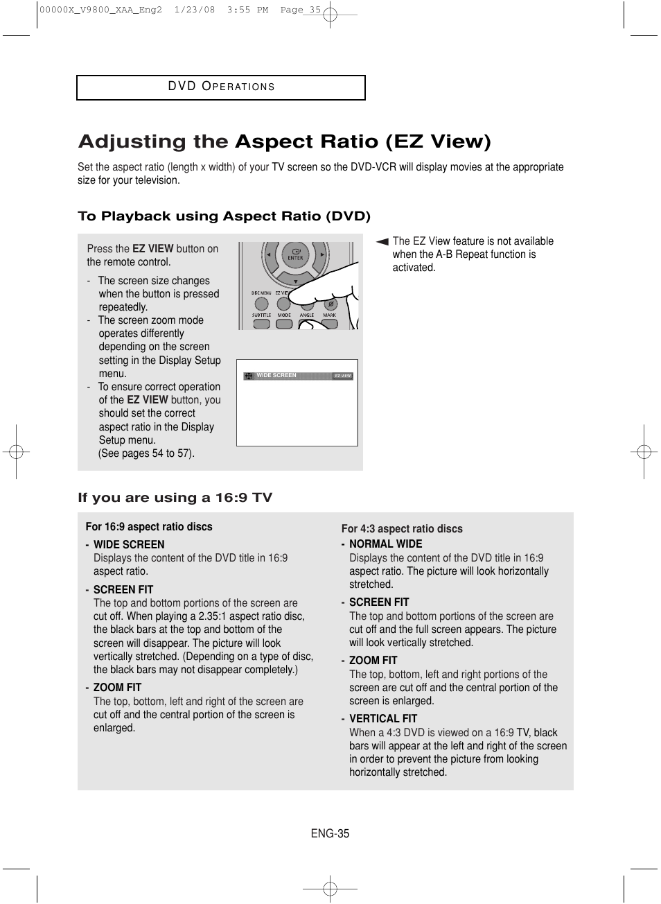 Adjusting the aspect ratio (ez view) | Samsung DVD-V9800-XAA User Manual | Page 35 / 88