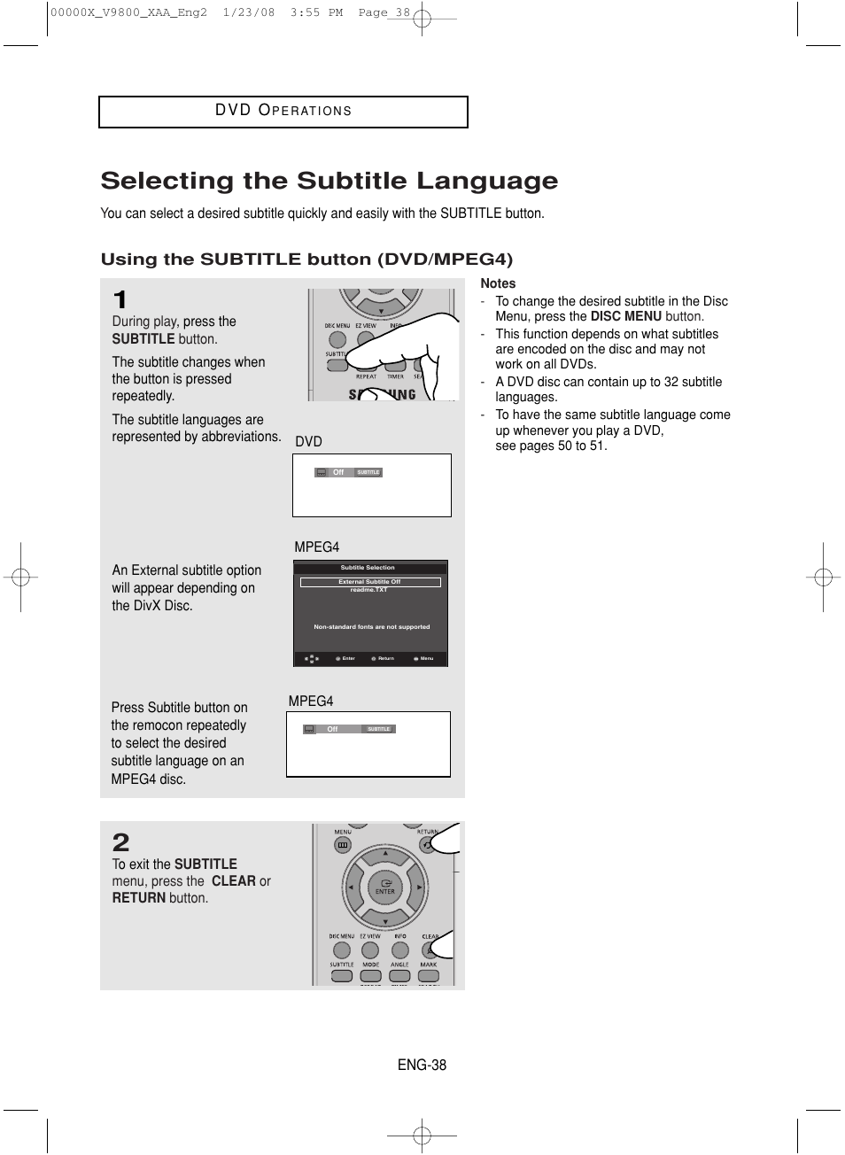 Selecting the subtitle language, D v d o, Using the subtitle button (dvd/mpeg4) | Samsung DVD-V9800-XAA User Manual | Page 38 / 88