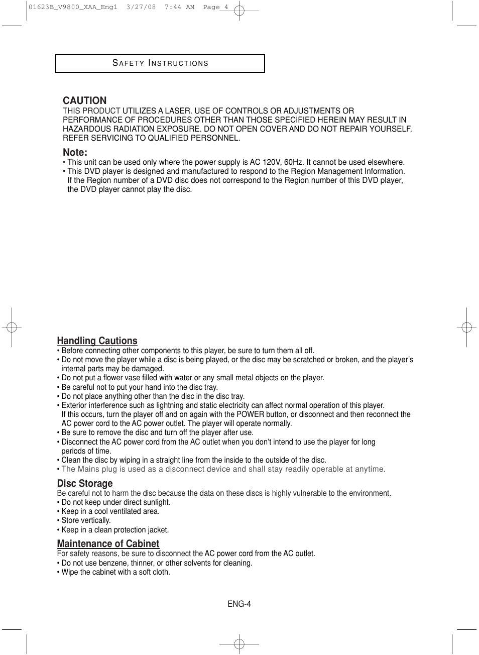 Caution, Handling cautions, Disc storage | Maintenance of cabinet | Samsung DVD-V9800-XAA User Manual | Page 4 / 88