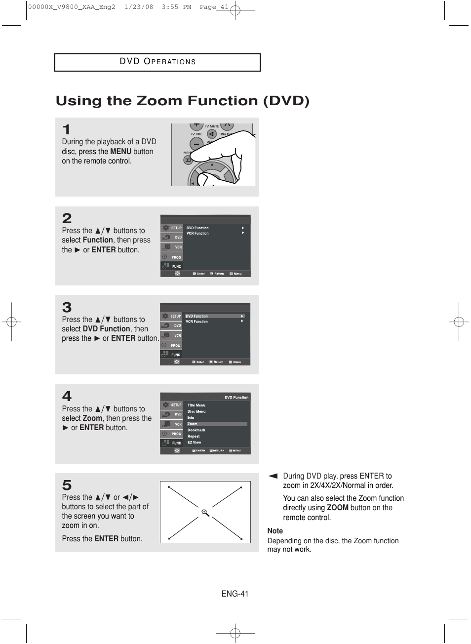 Using the zoom function (dvd) | Samsung DVD-V9800-XAA User Manual | Page 41 / 88