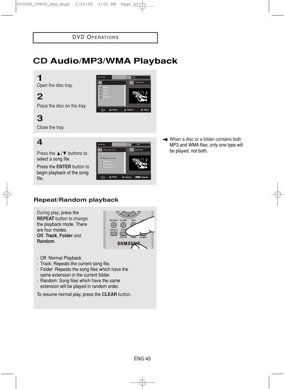 Cd audio/mp3/wma playback, D v d o, Repeat/random playback | Eng- 43, Open the disc tray, Place the disc on the tray, Close the tray | Samsung DVD-V9800-XAA User Manual | Page 43 / 88