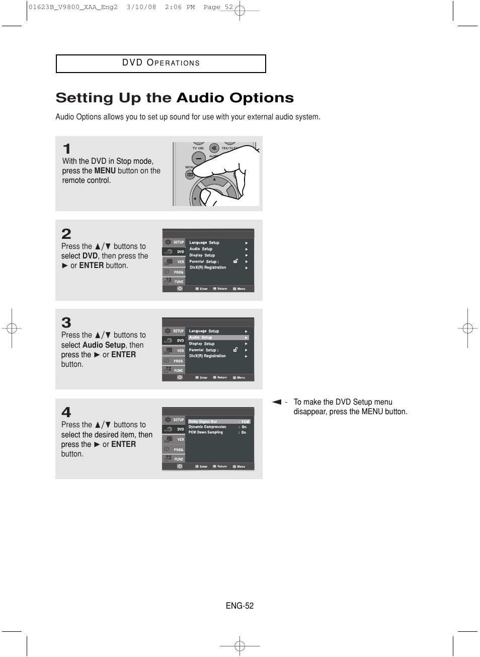 Setting up the audio options | Samsung DVD-V9800-XAA User Manual | Page 52 / 88