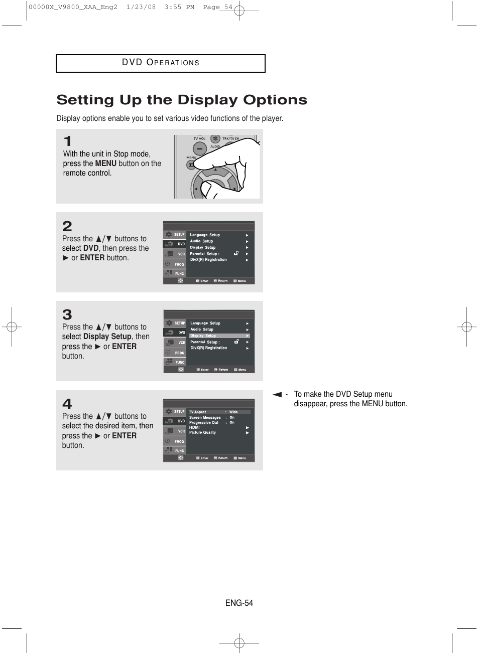 Setting up the display options | Samsung DVD-V9800-XAA User Manual | Page 54 / 88