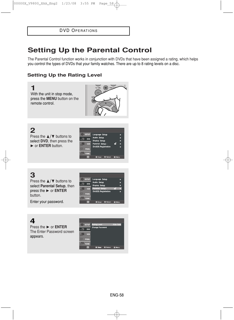 Setting up the parental control | Samsung DVD-V9800-XAA User Manual | Page 58 / 88