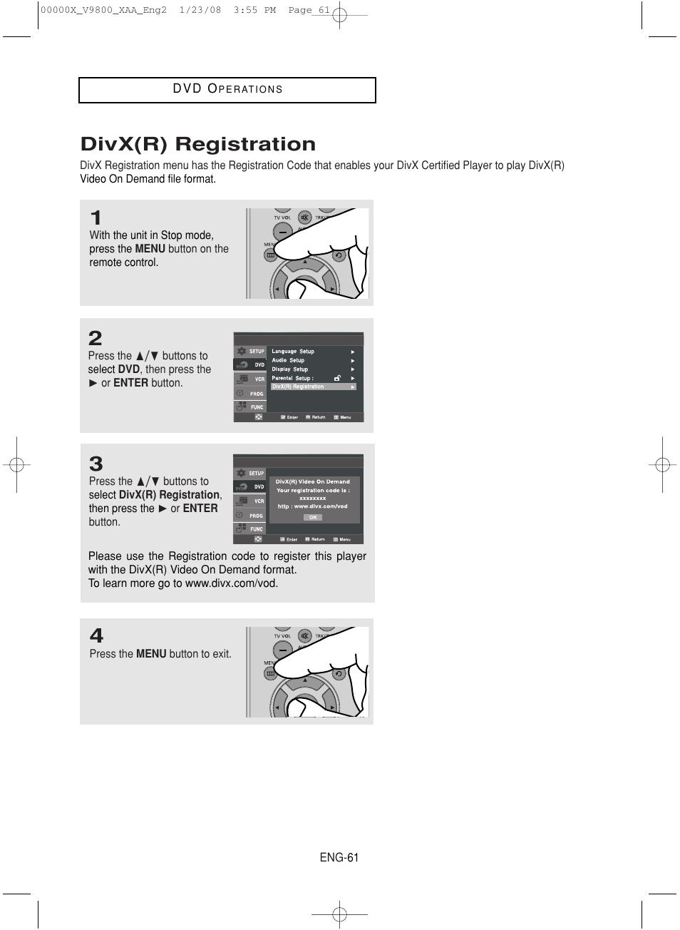 Divx(r) registration | Samsung DVD-V9800-XAA User Manual | Page 61 / 88