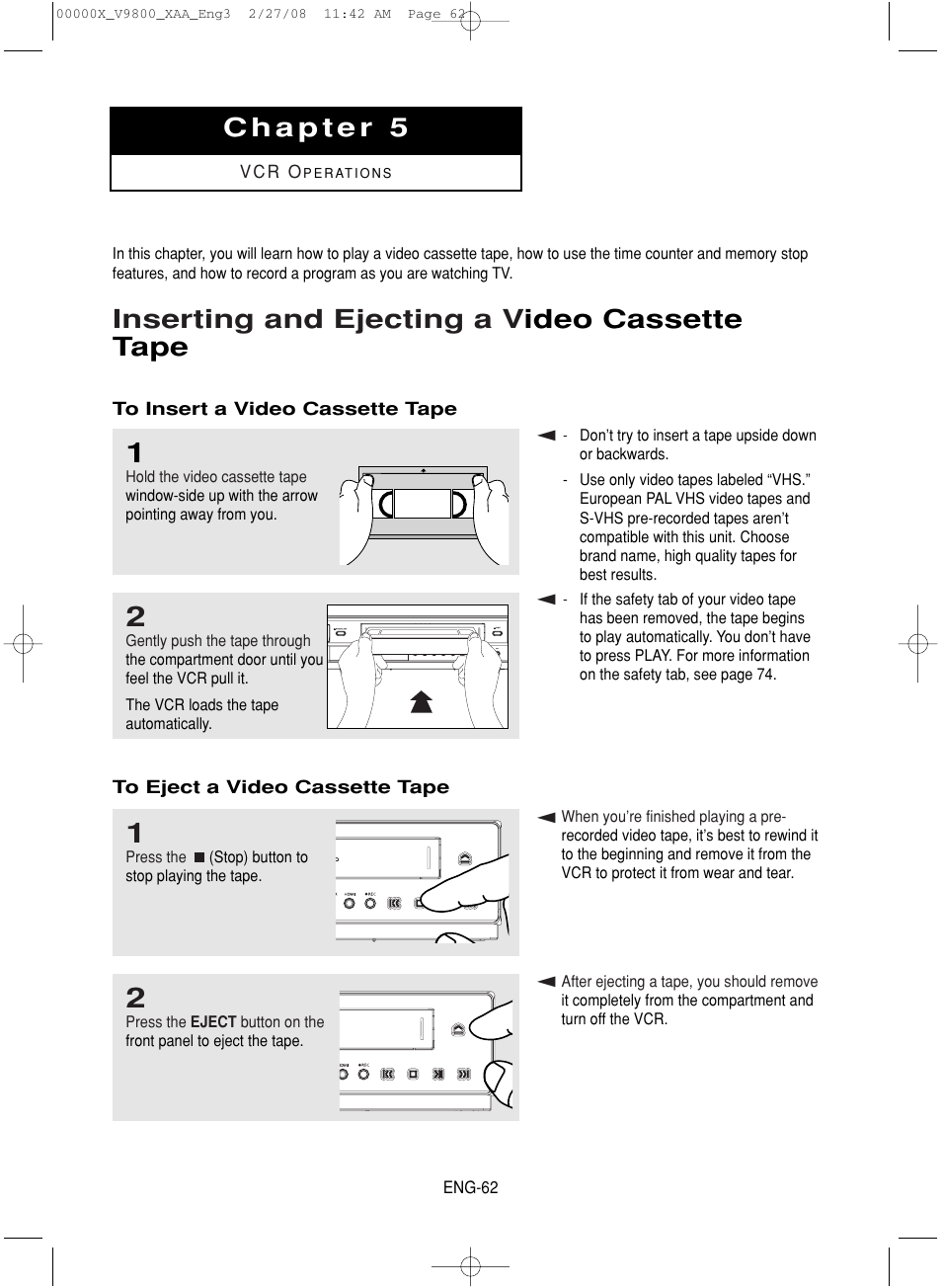 Chapter 5: vcr operations, Inserting and ejecting a video cassettetape, Inserting and ejecting a v ideo cassette tape | Samsung DVD-V9800-XAA User Manual | Page 62 / 88