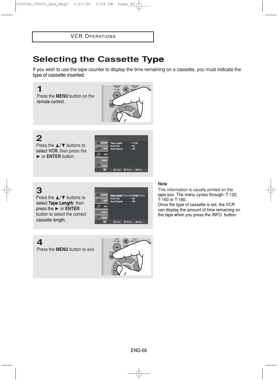 Selecting the cassette type, Selecting the cassette t ype | Samsung DVD-V9800-XAA User Manual | Page 66 / 88